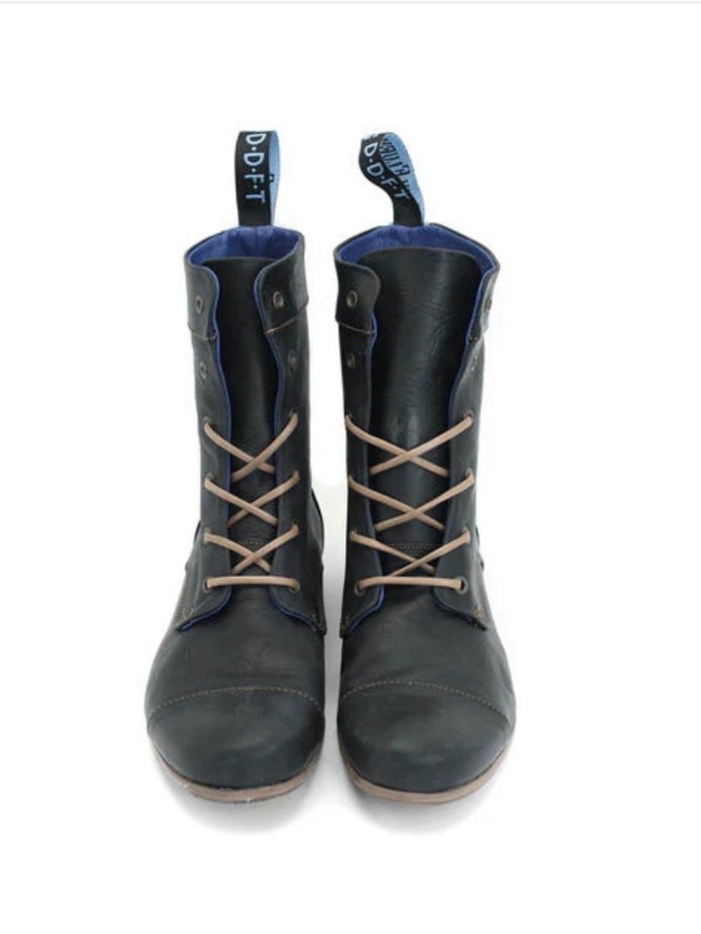 JOHN FLUEVOG Radio BBC Blue and Black Leather lace-up BOOTS